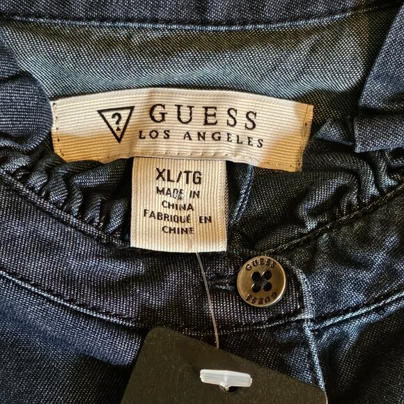 NWT GUESS Blue Denim Slim Line with Ruffle Button Down Long Sleeve Shirt Size XL - Picture 6 of 13